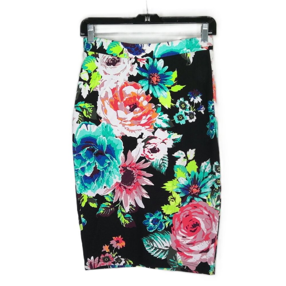 H&M Colorful Floral Skirt Knee Length Viscose Blend Stretch Straight Pencil Sz S